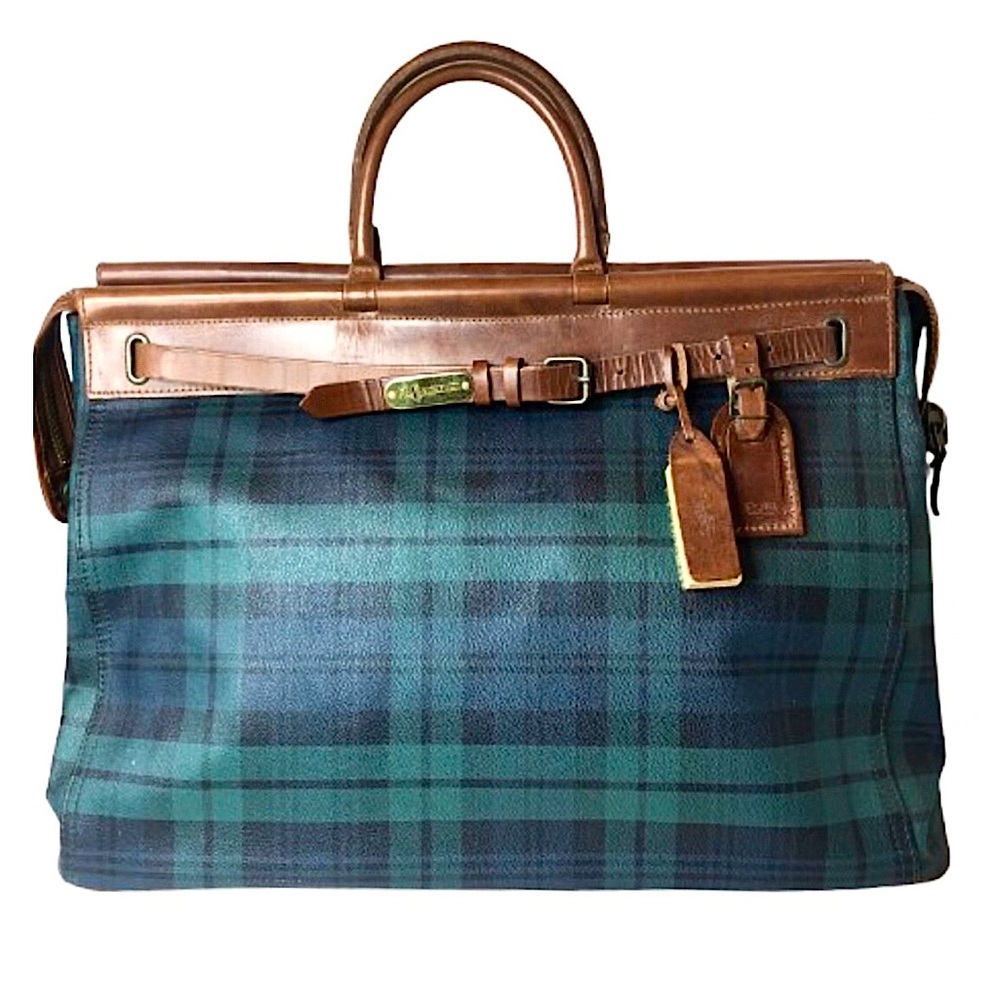 RALPH LAUREN Black Watch Plaid Blue Green Boston Camp College Overnight Bag